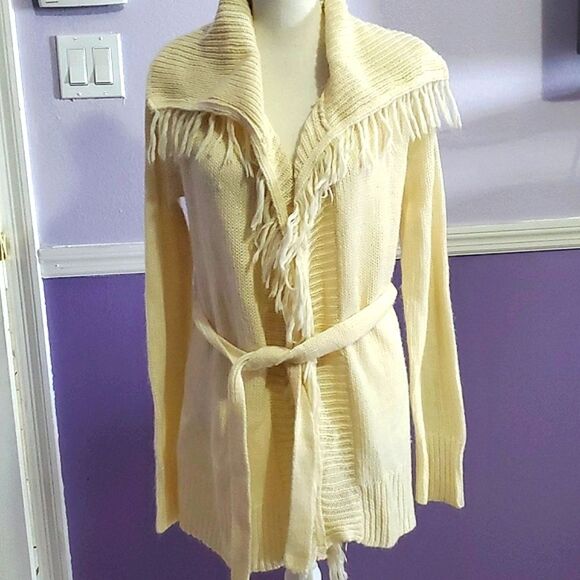 HOST PICK Boho Chic Cream Fringed Longsleeve Knitted Waist Belt Cardigan - Picture 1 of 9